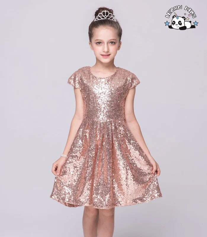 LEZONKIDS - Customizable Hot Selling Short Sleeved Sequin Fabric Dress Pure Color Round Neck Party Princess Girls Dresses